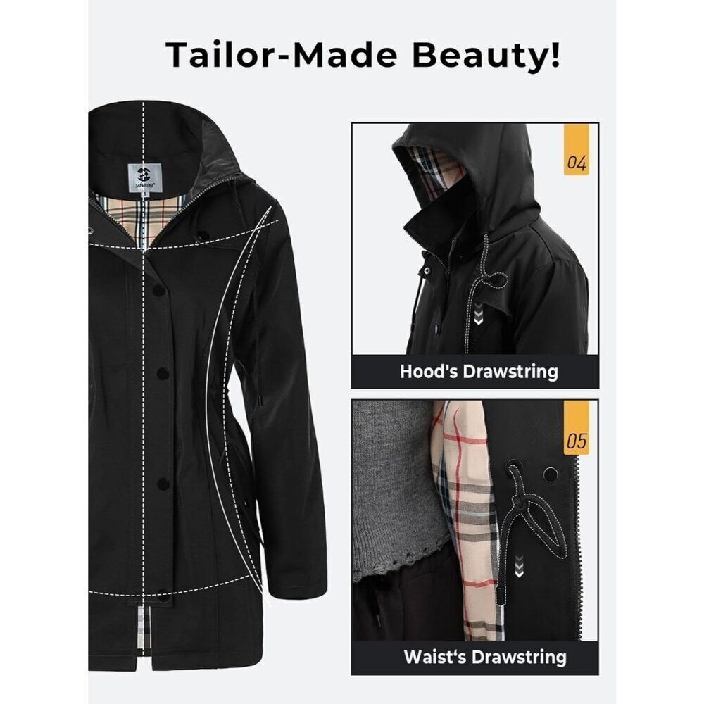 Women's Long Hooded Rain Jacket Outdoor Waterproof Windbreaker for All Seasons - Picture 6 of 6